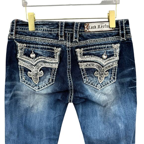 Rock Revival Kai Sequin Embellished Stitching Dark Wash Denim Crop Capri Jeans - Picture 4 of 10